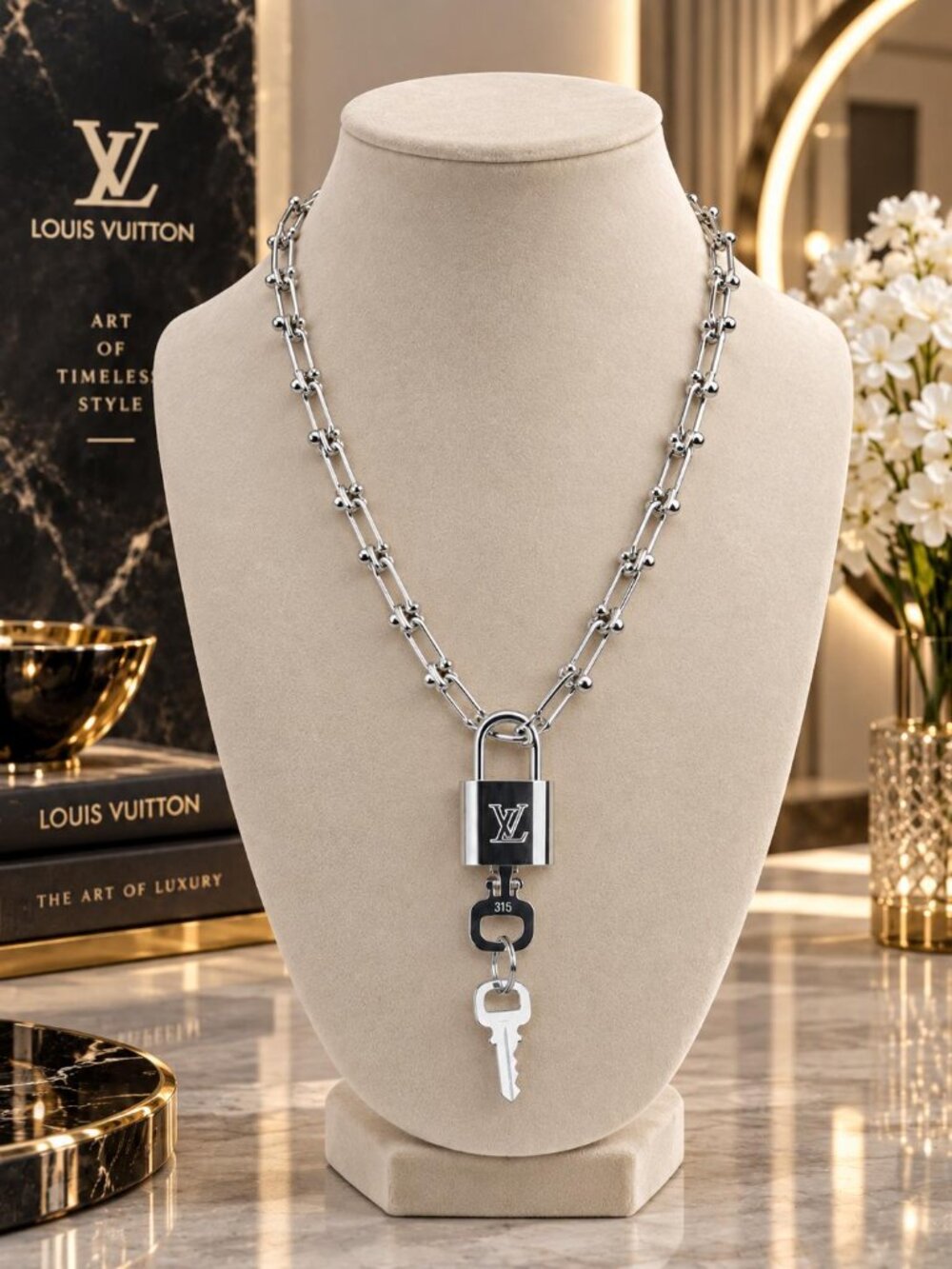 Stainless Steel Horse Shoe Chain with Authentic Louis Vuitton Silver Padlock
